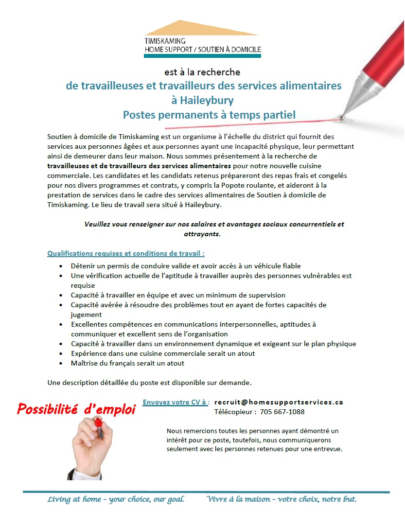 poste pour des travailleuses/travailleurs des services alimentaires a Haileybury